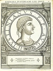 Iustinianus I, illustration fra "Imperatorum romanorum omnium orientalium et occidentalium verissimae imagines ex antiquis numismatis", træsnit af Rudolph Wyssenbach, trykt af Andreas Gesner, Zuric